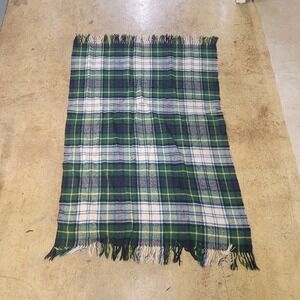 Unbranded Plaid Throw Blanket Unisex OS Green Blue White Yellow Fringed Tartan